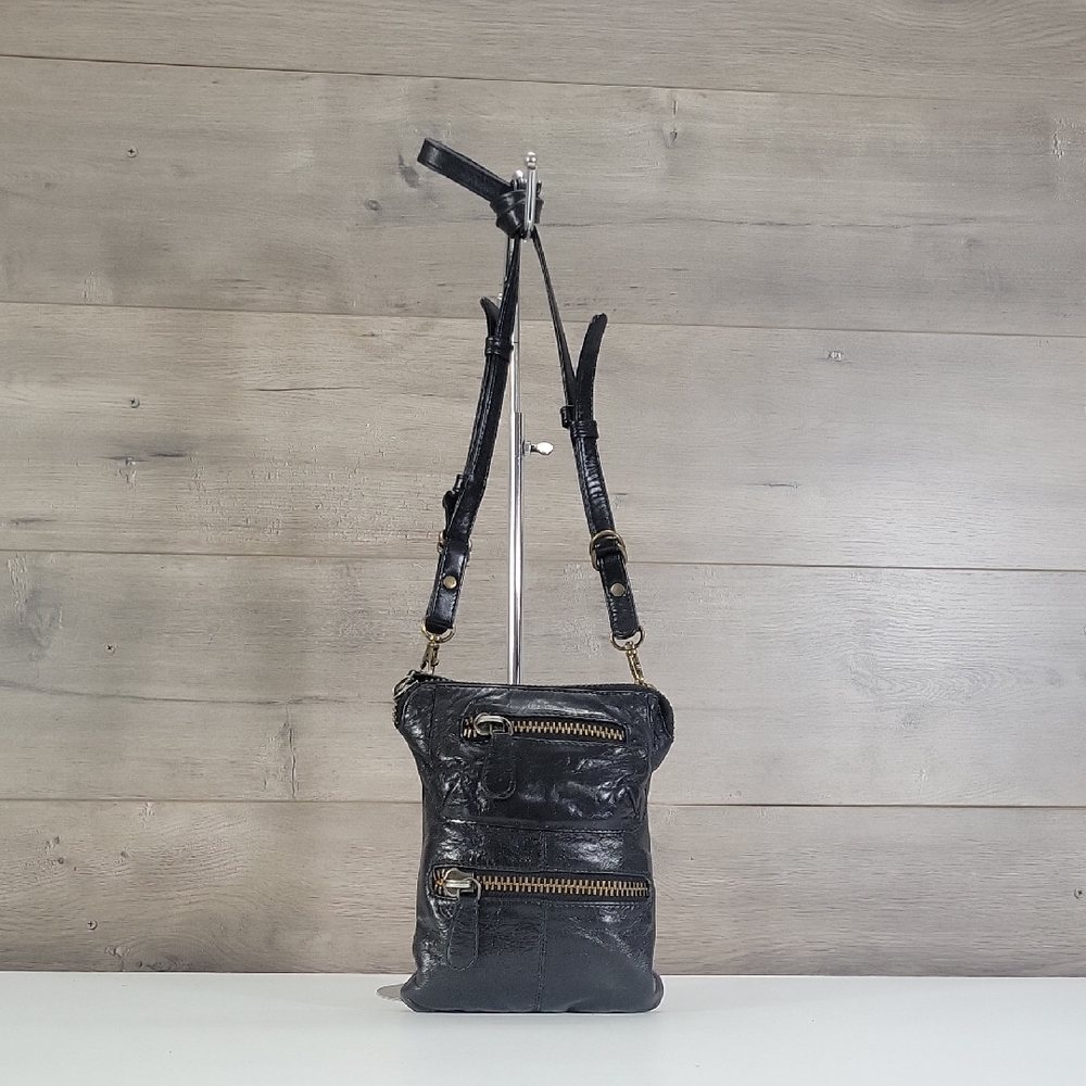 Latico for Anthropologie Small Black Leather Crossbody Bag with Gold Zippers
